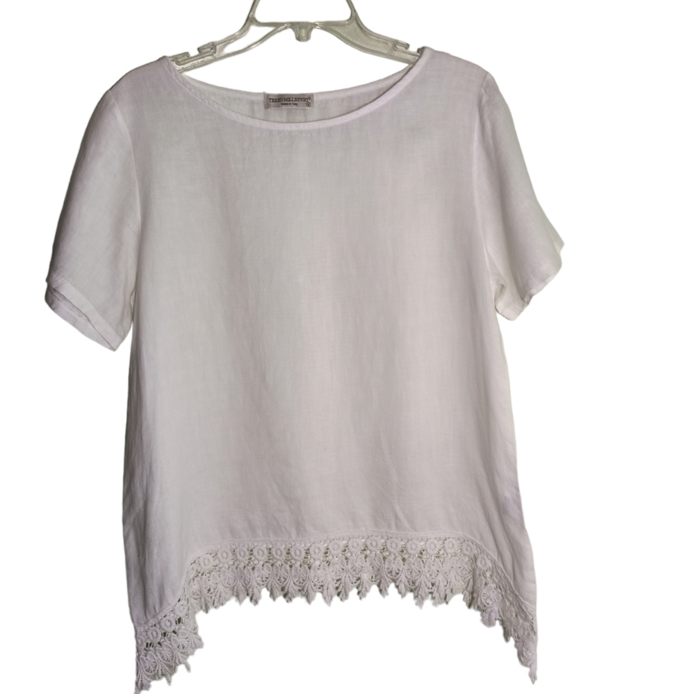 Terzo Millenno White short sleeve Linen Crochet Lace tunic top size M